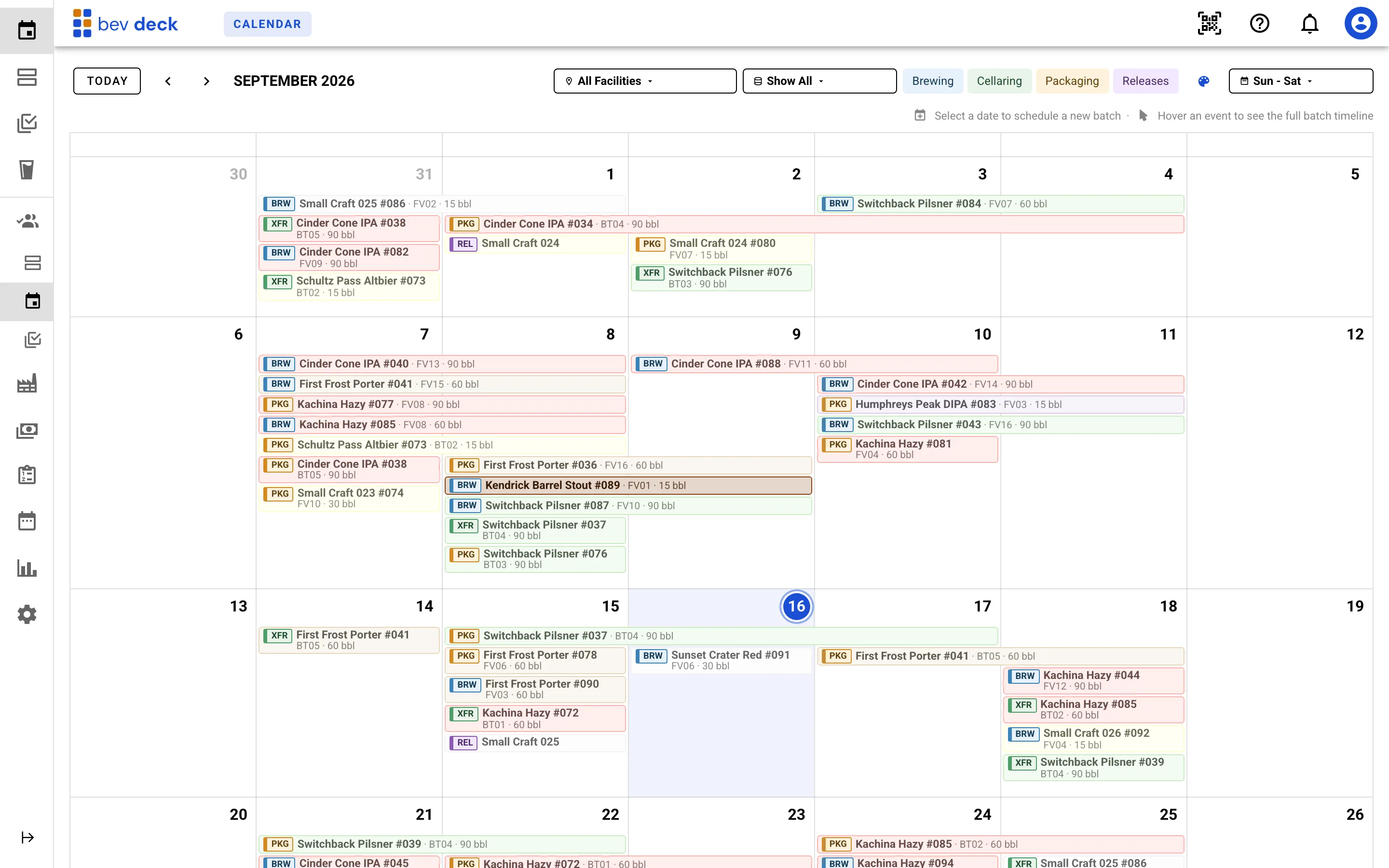 Bev Deck production calendar for September showing brew, packaging, transfer, and release events across facilities