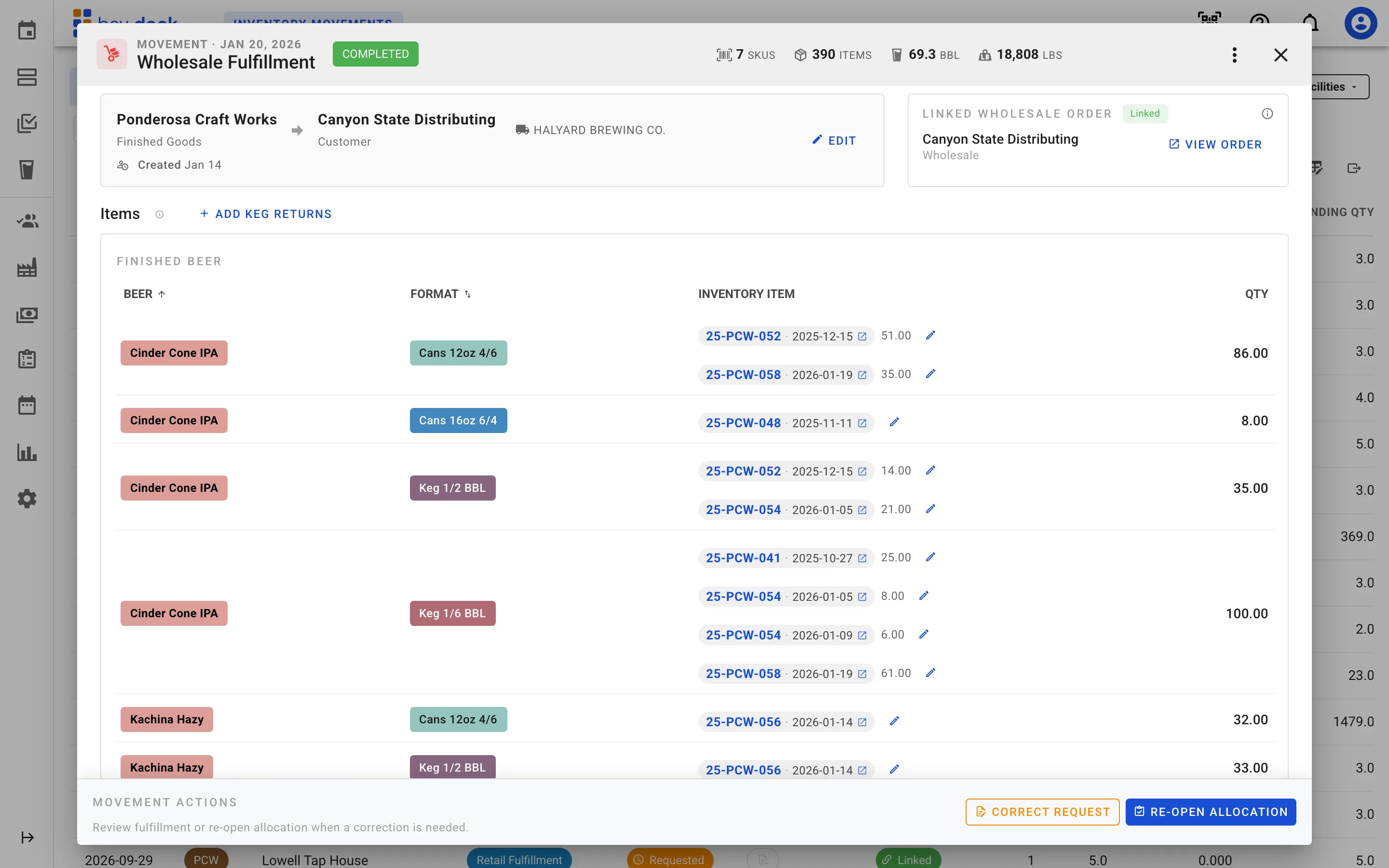 Bev Deck order allocation showing order lines drawn from specific lots with batch numbers and date codes